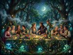 Magisches Sommernacht-Gelage im Zauberwald mit Figuren aus Shakespeares A Midsummer Night's Dream – Champagnerflaschen auf einem moosbewachsenen Tisch im Mondlicht