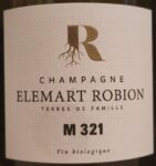 Etikett „M 321“ von Champagne Elemart Robion, cremefarben mit goldenem Wurzel-R-Logo und Hinweis „Vin biologique“.